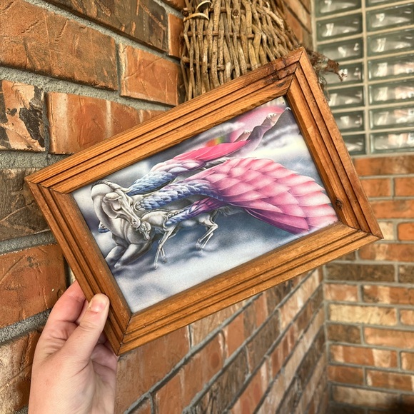 VTG 80’s Maximalism Pegasus and Foal Wooden Framed Print - Picture 3 of 5